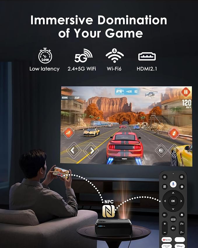 4K Home Theater Projector HDMI 2.1, eARC, Android TV 14.0, Portable Smart Bedroom Movie Gaming Projector 4K HDR, with WiFi 6, Bluetooth, Dolby Audio, Voice Control, Apps, Auto Focus, ZOOM, 1400ANSI