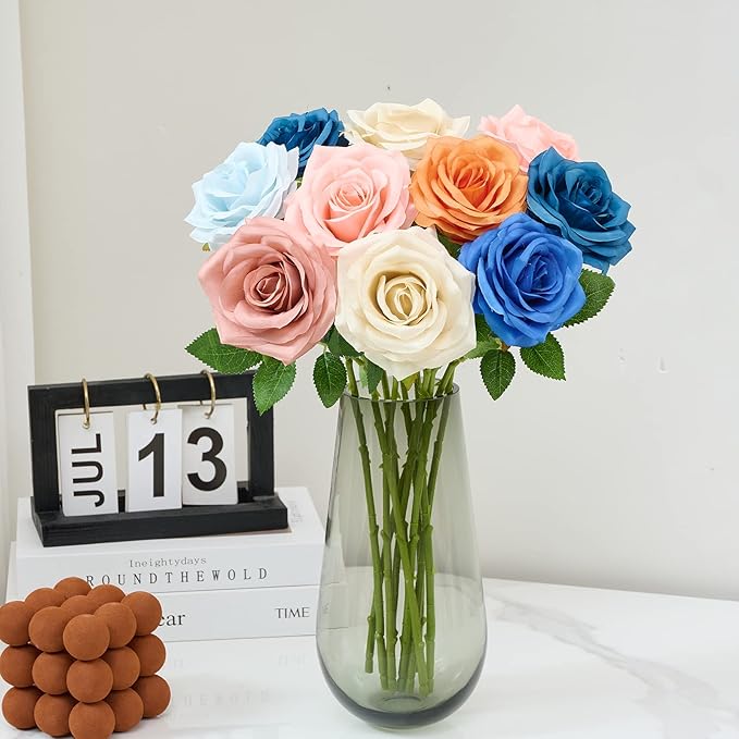 Artificial Rose 10pcs Open Flower Bouquet Faux Rose Stems for Wedding Arrangement, Bridal Bouquet, Centerpiece, Fake Faux Silk Flowers (Beige)