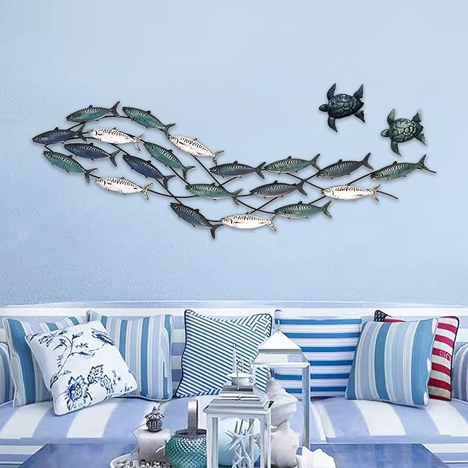 LHZZWTF Coastal Metal Fish Wall Decor,Modern Marine Metal Wall Art Sculpture Decor is perfect for a coastal/nautical/beach or ocean themed holiday home/bedroom/living room. （ Send two metal turtles）