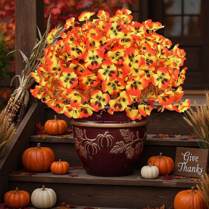 Geegoods Artificial Pansy Flowers Outdoor for Front Door Garden Porch Window Box Patio Home Decor (Orange, 20PCS)