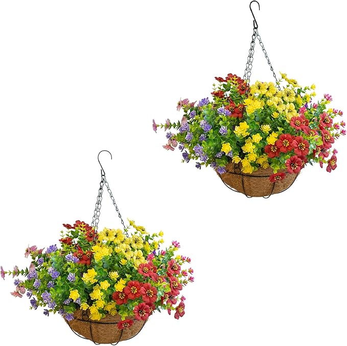 Artificial Hanging Plants Flowers with Basket 2 Packs, Artificial Hanging Flowers for Outdoors, Faux Hanging Plants Outdoor, Fake Flowers, Yellow+Purple+Pink+Red