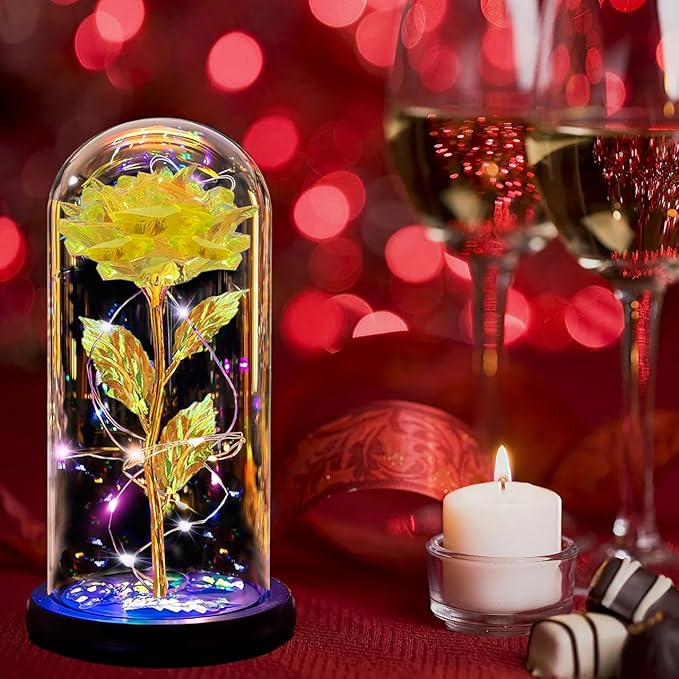 Christmas Rose Gifts for Women Mom, Womens gifts for Christmas, Glass Flower Gifts for Sister, Rose Enchanted Crystal Flower Gift Light Up in Glass Dome,Birthday Gift for Women Wife Yellow Gold