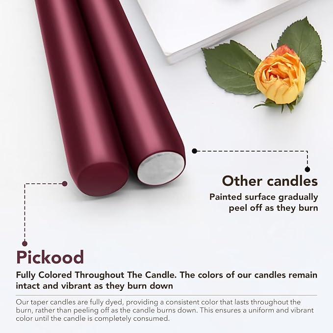 10-Inch Tall Unscented Dripless Taper Candles Bulk 30 Pack - Burgundy Taper Candles Bulk, Perfect for Wedding, Dinner - Smokeless, 6-8 Hour Long Burning - Colored Candlesticks Bulk - Burgundy