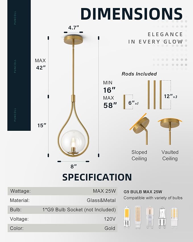 Gold Pendant Lights - Vintage Pendant Light Fixtures - Globe Hanging Lihghting Fixture with Frosted Glass - Pendant Lights for Kitchen Island H9377-CLGB