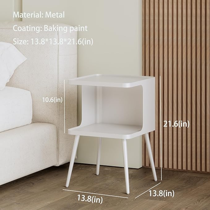 Metal Side Table,Modern end Table,Bedside Table,Small nightstand with Storage Shelf for Bedroom Living Room Small Space (White)