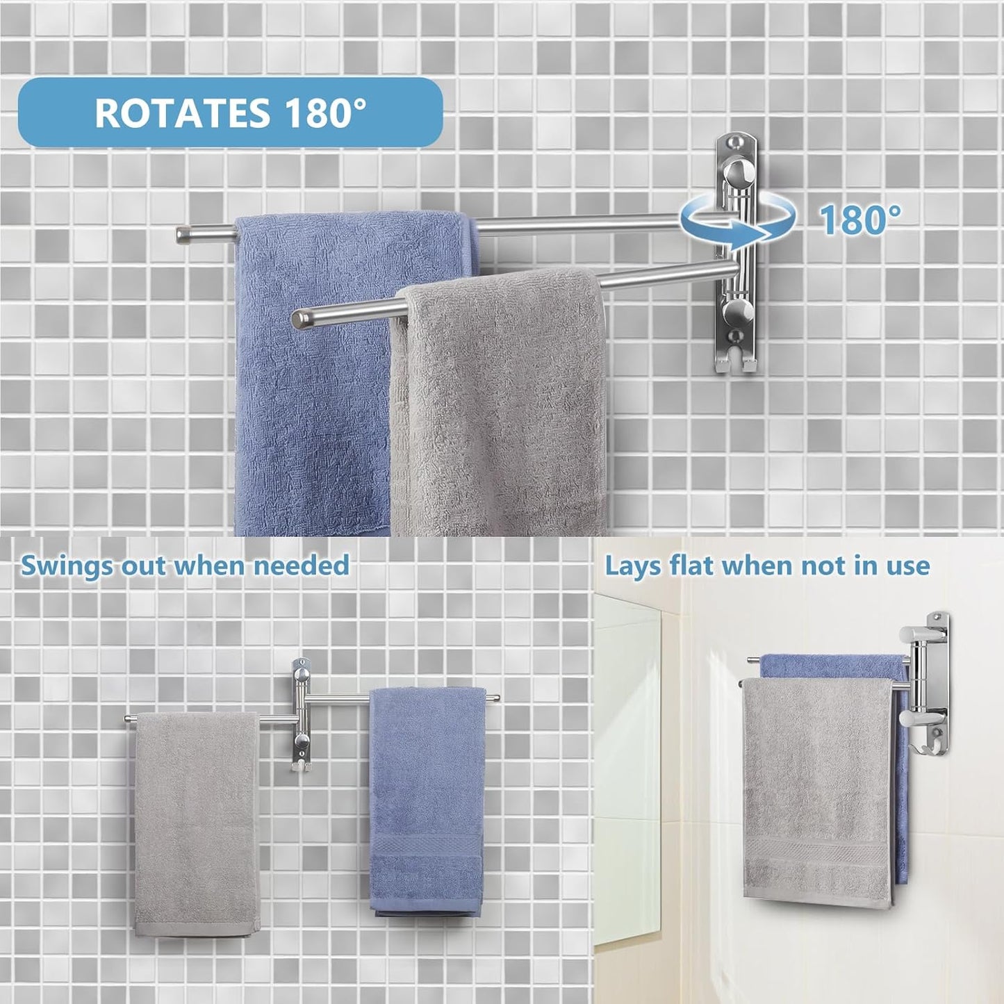 Bathroom Towel Holder JSVER 2 Arms SUS304 Stainless Steel Wall Mounted Towel Bar, Swivel Towel Racks for Bathroom, Kitchen