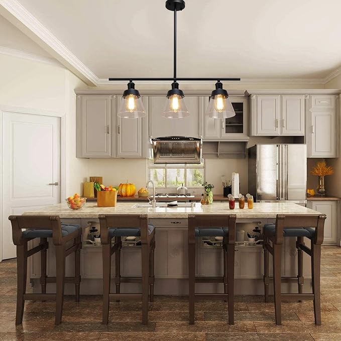 Fivess Lighting 3-Light Farmhouse Black Kitchen Island Lighting, Clear Seeded Glass Linear Chandelier, Adjustable Rods Industrial Rustic Pendant Light Fixture for Kitchen Island Dining Room