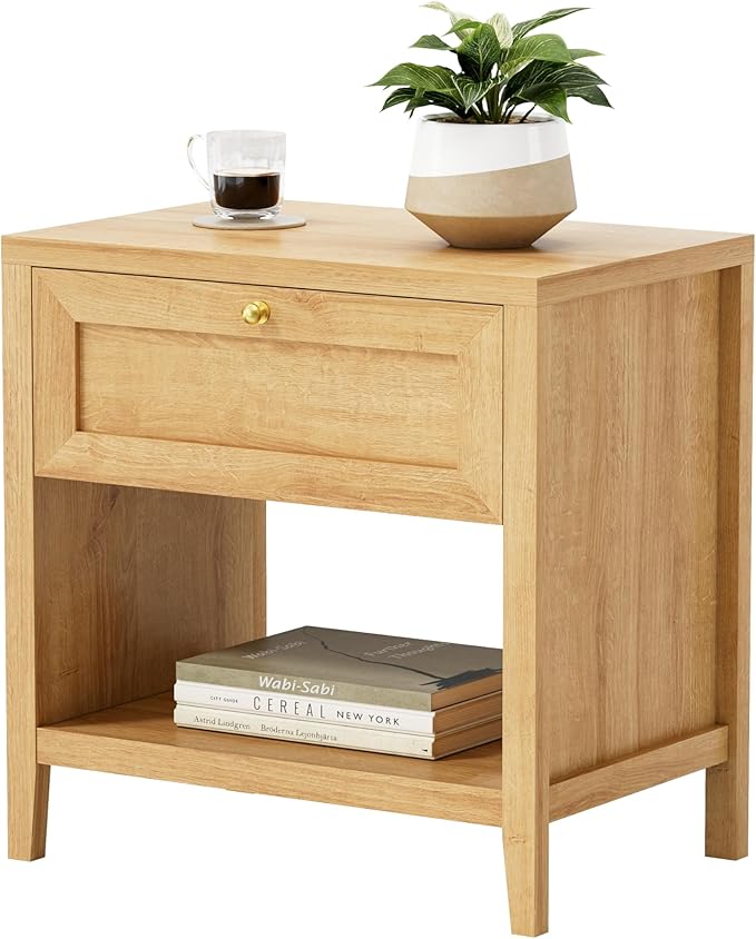 Nightstand with Storage Drawer, Farmhouse Large Bedside End Table with Open Shelf, Modern Wood Night Stand for Sofa, Bedroom, Natural Oak