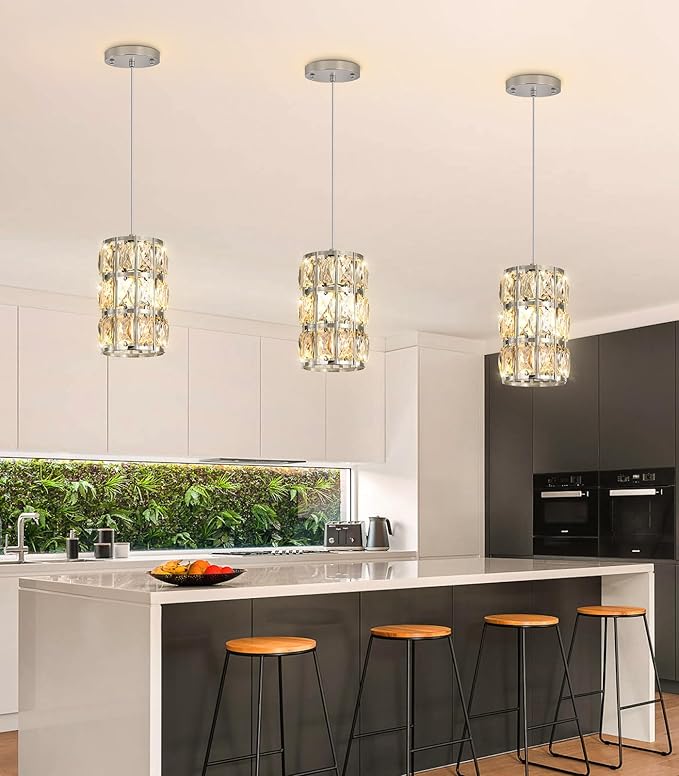 3 Pack Modern Crystal Pendant Lights for Kitchen Island LED Dimmable Glam Pendant Lighting Chandelier for Dining Room Hallway Corner Lamp Nickel