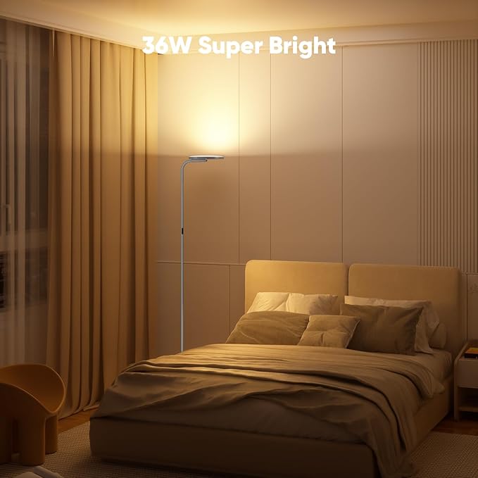 36W LED Floor Lamp, Super Bright Standing Lamp, Modern Stepless Dimmable Torchiere Tall Lamp with Remote Control, 350°Rotating Head Reading Floor Lamp for Living Room, Bedroom - Silvery Grey