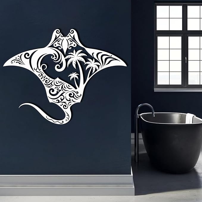 Stingray Metal Wall Art, Metal Palm Tree Wall Decor, Manta Ray Metal Wall Art, Nautical Decor, Sea Life Wall Art, Palm Tree Sign, Natural Wall Art, Metal Wall Decor for Bathroom (White, 39"x30"/100x77cm, metal wall art)
