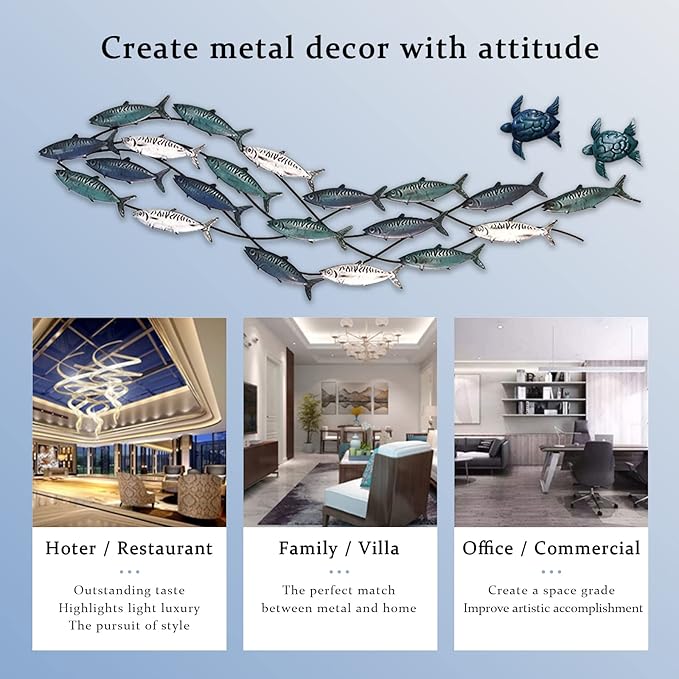 LHZZWTF Coastal Metal Fish Wall Decor,Modern Marine Metal Wall Art Sculpture Decor is perfect for a coastal/nautical/beach or ocean themed holiday home/bedroom/living room. （ Send two metal turtles）