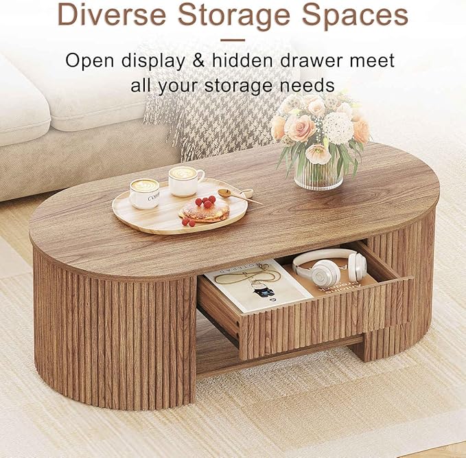 FATORRI Coffee Table for Living Room Storage, Modern Wood Center Table with Drawer, Farmhouse Oval Fluted Living Room Tables with Shelf (Walnut, 43.31 Inch)