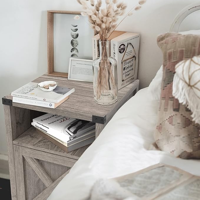 Farmhouse Nightstand, Side Table, End Table with Barn Door and Shelf, Rustic Modern Bed Night Stand for Bedroom, Living Room, Grey Wash