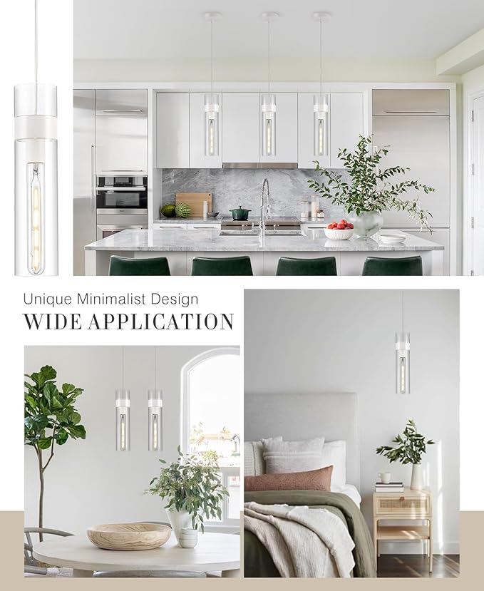 2 Pack Pendant Lights Kitchen Island (Bulbs Included), White Adjustable Modern Glass Pendant Light Over Island, Industrial Pendant Light Fixtures for Dining Room Hallway Bedroom Living Room
