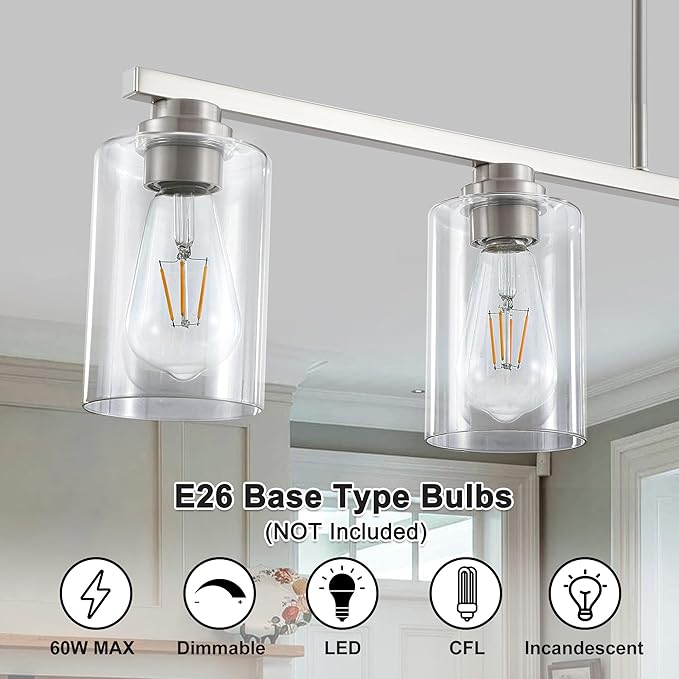 Island Light for Kitchen, Brushed Nickel Dining Room Light Fixture Over Table, 5-Light Linear Chandelier Pendant Lighting for Dining Table Kitchen Island Living Room