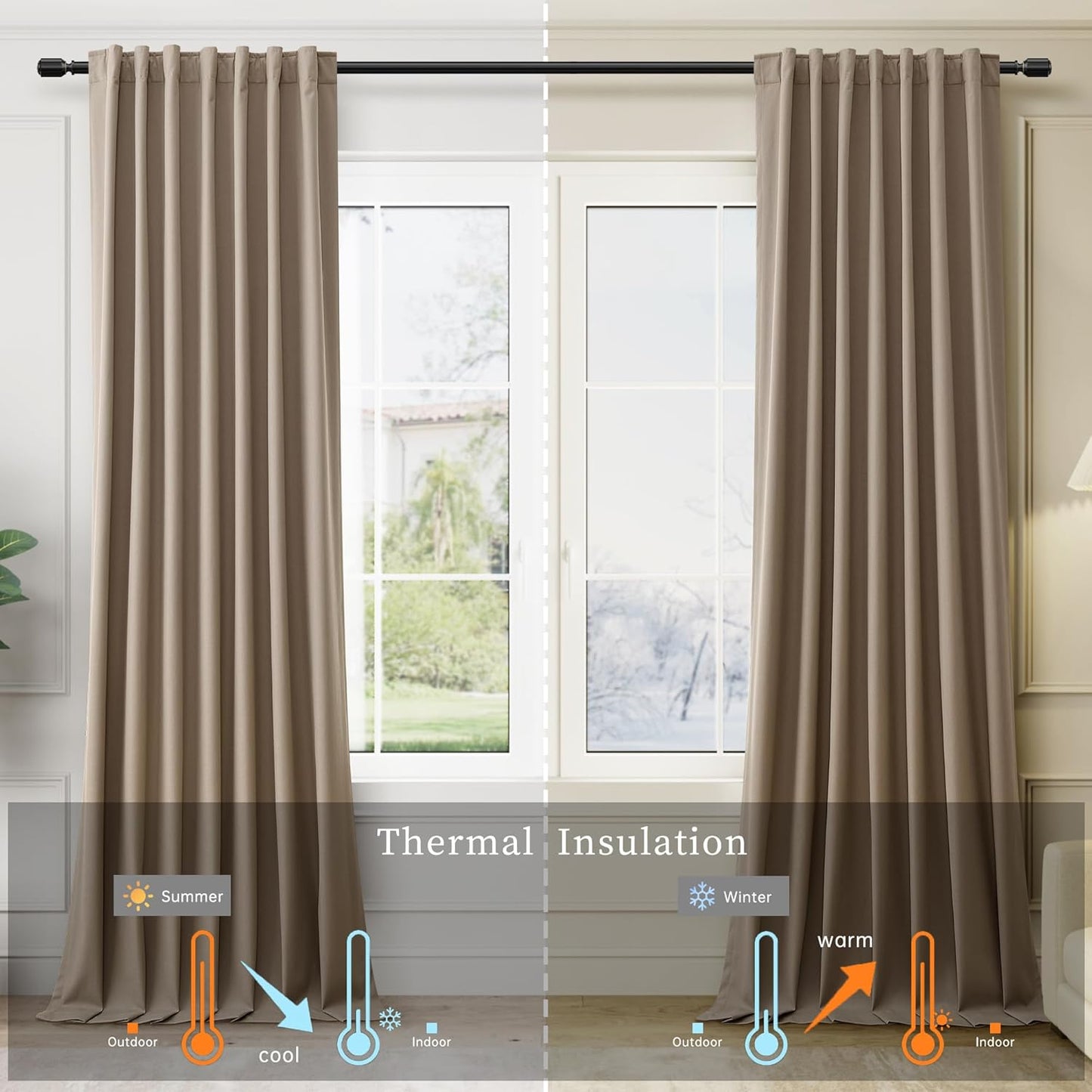 BOODII 108 Inch Black Out Curtains 2 Panels Set Back Tab Thermal Insulated Natural Linen Textured Blackout Curtains Noise Reducing Light Brown Neutral Living Room Darkening Window Drapes 52x108