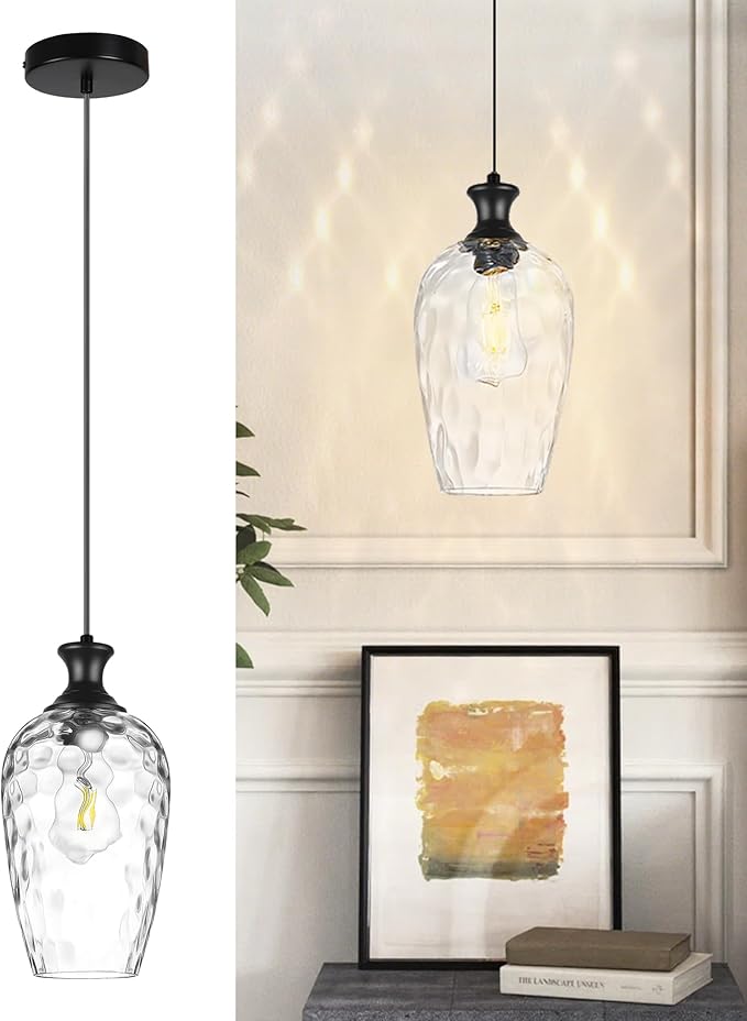Black Pendant Lights Kitchen Island, Modern Farmhouse Hanging Ceiling Light with Hammered Glass for Dining Room Kitchen Sink