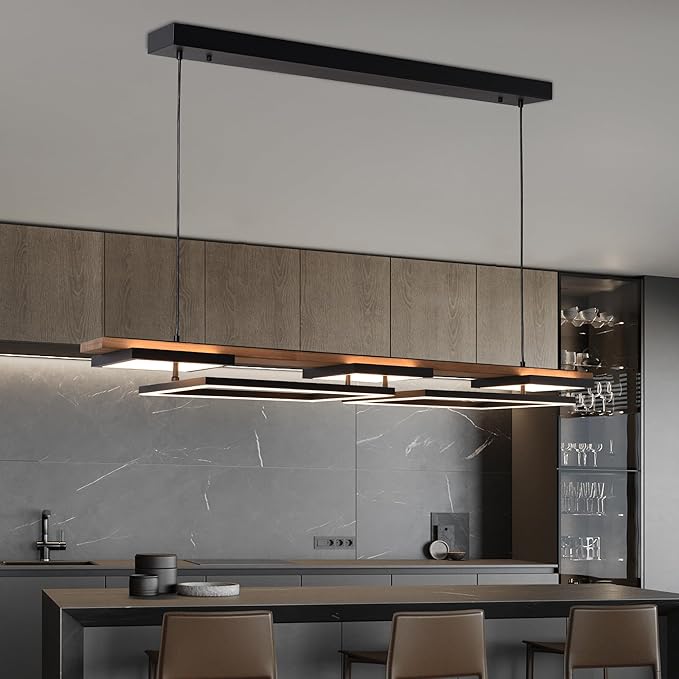 Vintage Wood LED Kitchen Island Light, 65W Stepless CCT Adjustable & Dimmable 47'' 2-Layer Wood Pendant Light Fixture with Remote, Ceiling Mounted Hanging Lamp for Dining Room, Bedroom，Black