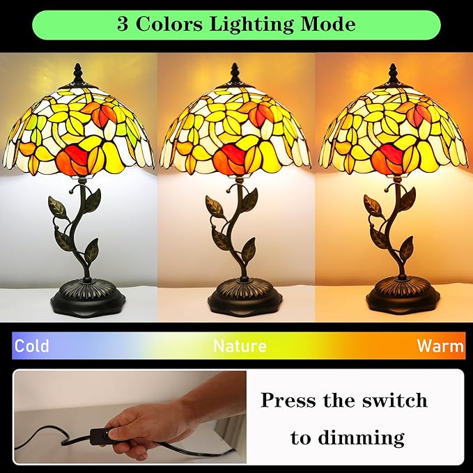 Stained Glass Table Lamp, Flower Style Lampshade & Metal Leaf Antique Base Desk Reading Light 12X12X19 Inches Decor for Bedroom Living Room Office