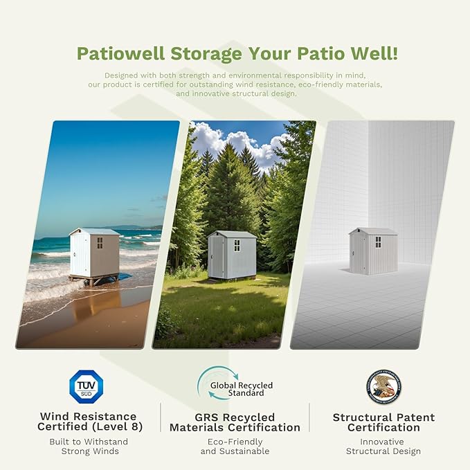 Patiowell 4 x 8 FT Plastic Outdoor Storage Shed with Floor, Garden Tool Shed with Two Windows and Single Lockable Door for Garden, Backyard, Lawn, Easy to Install, Light Grey