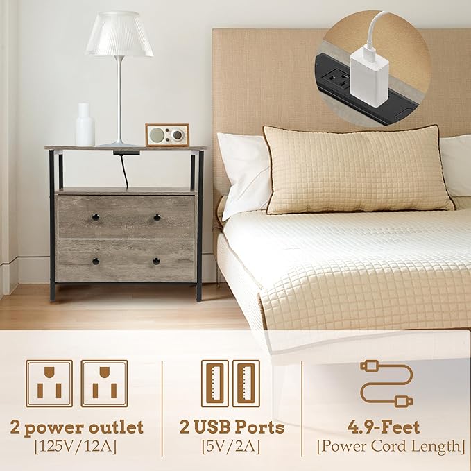 27 inch Wide Night Stand with Charging Station, Bedside Table with Open Shelf, 2 Drawers Small Wood Dresser, Modern Wood Nightstand for Bedroom/Living Room (Rustic Gray)