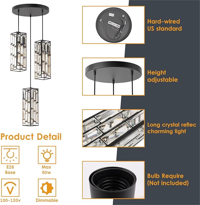 3-Light Black Pendant Lights Modern Pendant Light Fixture, Mini Crystal Pendant Ceiling Light, Pendant Light for Kitchen Island, Dinning Room, Bedroom, Kitchen Sink Lighting (3 Lights)