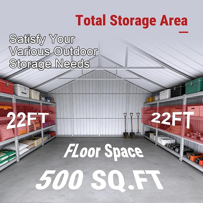 22x23 FT Outdoor Metal Garage Shed with 14-Gauge Steel Frame, 26-Gauge Panels & Side Door, Heavy-Duty Prefab Steel Building for Two Cars,Workshop, Farm Equipment & Tractor Shelter（White）
