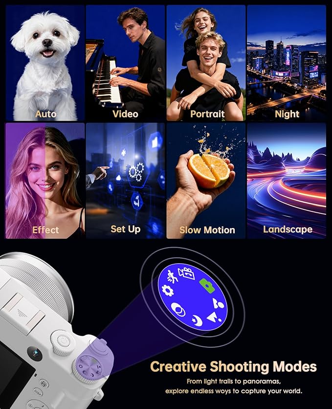 4K Digital Camera for Photography - 64MP Autofocus Vlogging Camera for YouTube with Dual-Lens - 16X Digital Zoom Anti Shake 3'' Selfie Compact Camera with Flash, 2 Batteries, Charging Stand-White