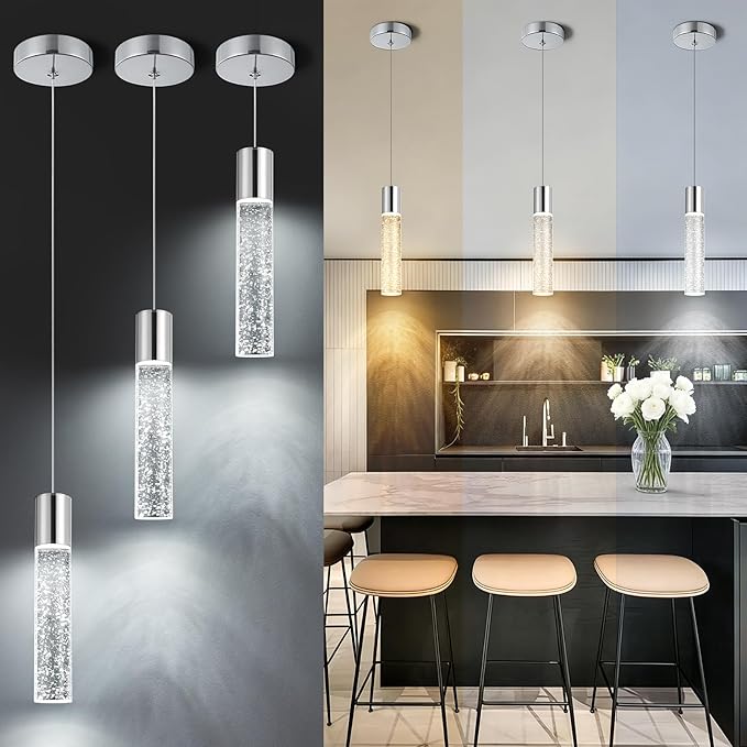 Pendant Lights Kitchen Island, 2700-6000K Modern Kitchen Island Lights,Brushed Nickel Dimmable Hanging Light Fixtures with Crystal Bubble, 12W LED Hanging Light for Dining Room, (3Pack)