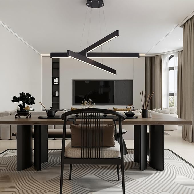 3-Light Solid Wood Black Linear Pendant Light - Dimmable Modern LED Chandelier for Dining Room Table Kitchen Island Living Room Ceiling - 45W Warm Light Adjustable Hanging Fixture Black