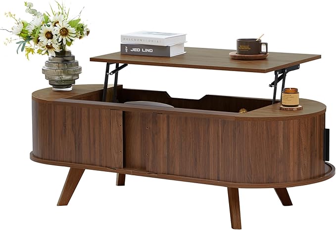 Small Lift Top Coffee Table with Sliding Tambour Door, 47.3" Mid Century Modern Curved Coffee Table with Storage, Oval Center Table with Lift Tabletop for Living Room (Doors, Walnut)