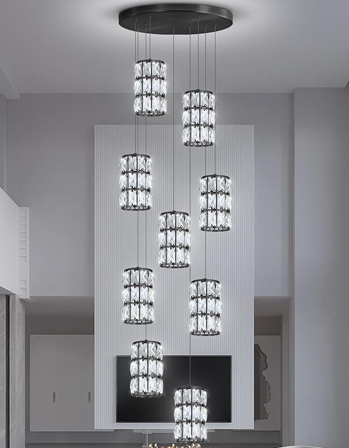 9-Lights Modern Crystal LED Dimmable for Staircase Foyer High Ceiling Chandeliers Hallway Black