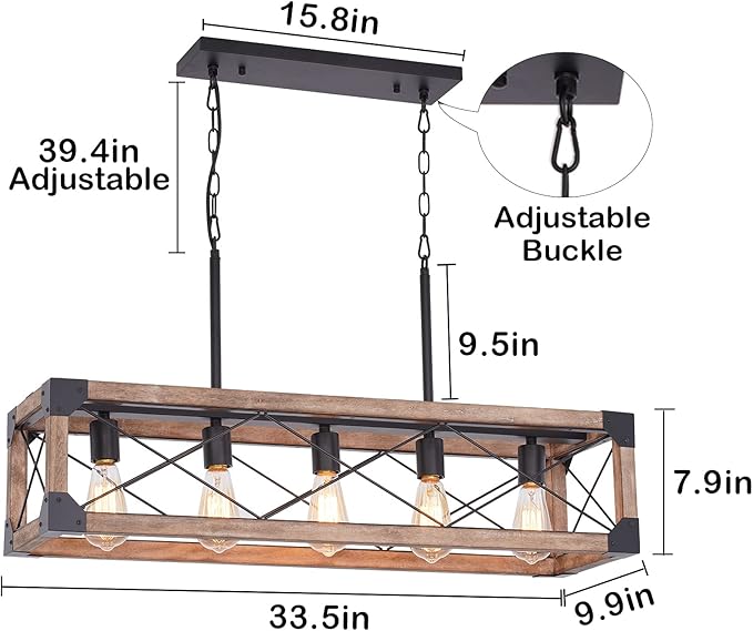 Airposta Kitchen Island Lighting, 33.5-Inch 5 Lights Farmhouse Linear Chandelier for Dining Room Pool Table Pendant Light Fixture, Rustic Wood Grain Finish, Industrial Pendant Light