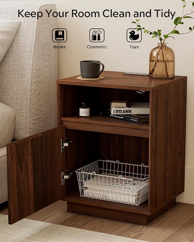 Farmhouse End Table Charging Station Set of 2, Wood Storage Nightstand with Door & Open Shelf, Bedside End Tables for Bedroom, Sofa, Brown