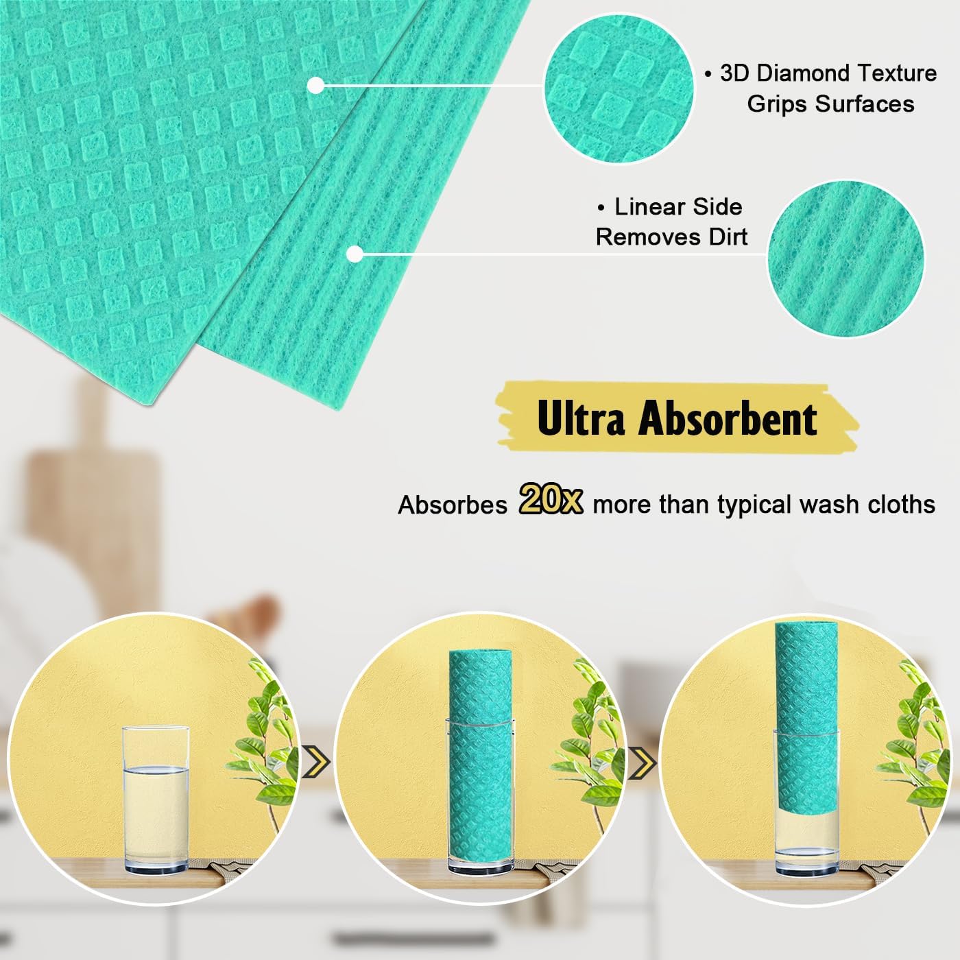 Swedish Dishcloths for Kitchen | 6 Pack Absorbent Cellulose Sponge Cloths Washable | Non-Scratch Reusable Paper Towels Quick Drying Cleaning Cloths - Green