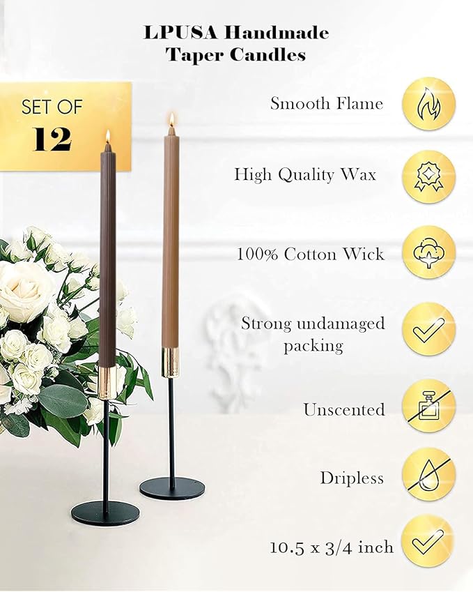 Candlesticks Brown Taper Candles 10.5 inch Dripless Tapered Candles Ideal as Dinner Candles Smokeless and Unscented Long Burning,Set of 12