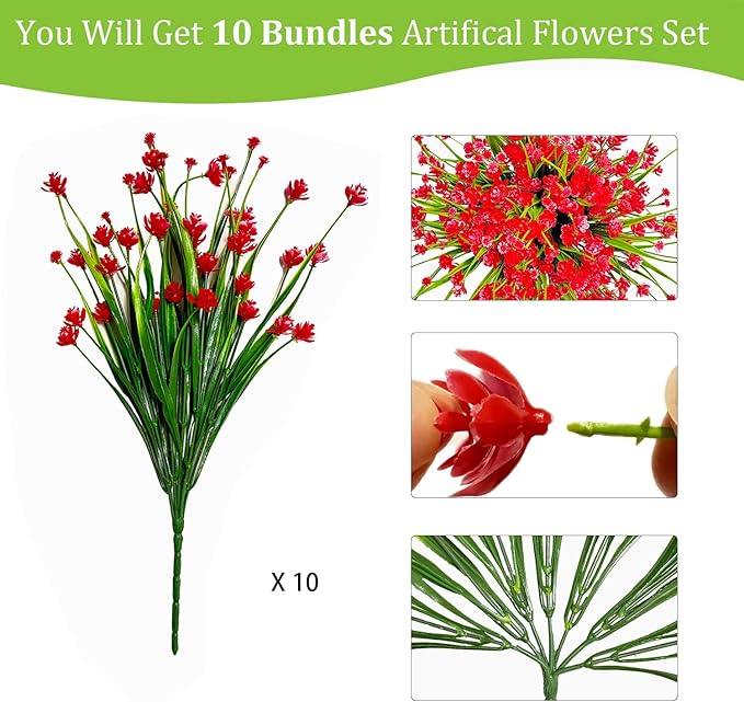 Fake Flowers 10 Bundles Faux Outdoor Plastic Flowers No Fade Artificial Red Shrubs Plants for Hanging Planters Window Box Spring Summer