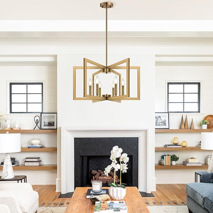 25" Modern Brass Chandelier for Dining Room, No Assembly Required Brass Dining Room Light Fixture Over Table, Industrial Metal Hanging Pendant Lights Fixture for Kitchen Island, Entryway, Foyer