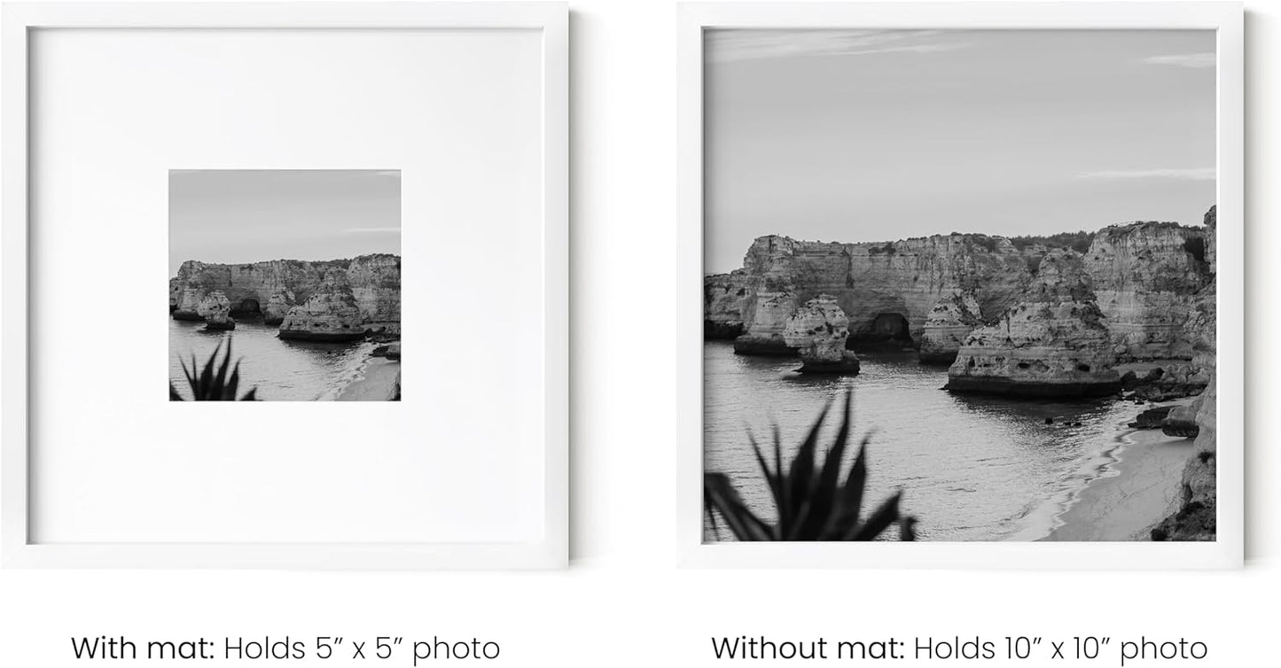 HAUS AND HUES 10x10 White Metal Picture Frames Matted to 5x5 - Features Premium Aluminum & Hanging Hardware, Shatterproof Plexiglass - Ideal for Home, Room, Office (10x10 in, White, Set of 9)