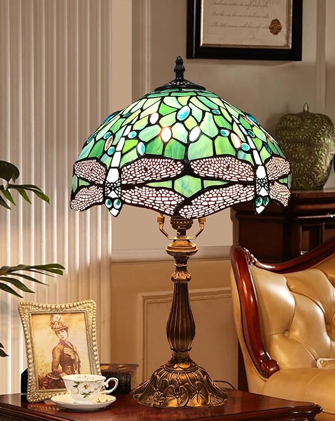 Tiffany Table Lamp,Sea Blue Dragonfly Style Stained Glass Lamp,12X12X20 Inch Decor Bedroom,Living Room Reading Tiffany Lamp,Include LED Bulb