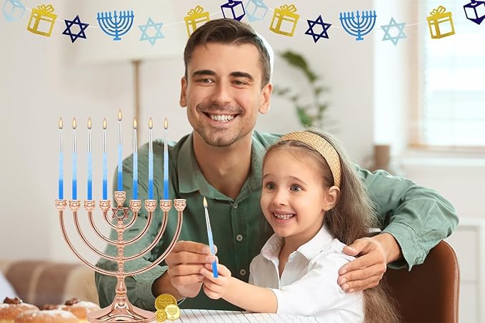 The Dreidel Company 2-Pack 45 Metallic Hanukkah Frosted Premium Tapered Hand Decorated Chanuka Candles Metallic Silver Blue Frost 1-Hour Burn Time