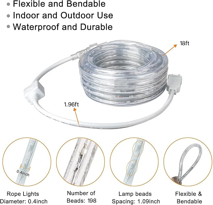 SURNIE Rope Lights Outdoor Waterproof Daylight White: LED 18FT Cuttable Outside Bright 110V Lighting 6000K Flexible Cool Clear Tube, Indoor Deck Patio Xmas Camping Decor, Not Flat Strip