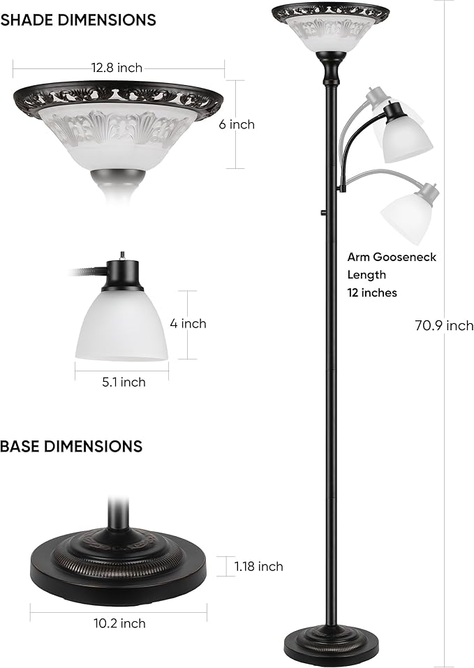 Torchiere Floor Lamps for Living Room, 71" Tall Standing Lamp with Thick Glass Shade, Metal Pole & Heavy Base, Vintage Corner Lamp with Reading Light Home Decor for Bedroom Office, 3CCT Bulb Included