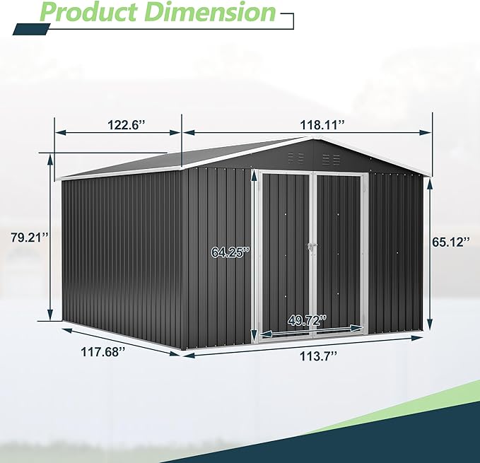 10x10 FT Outdoor Storage Shed, Large Metal Garden Shed with Lockable Hinged Doors, Outside Tool Shed with Sloped Roof & 4 Air Vents, Waterproof Storage Building for Backyard, Patio, Lawn, Black