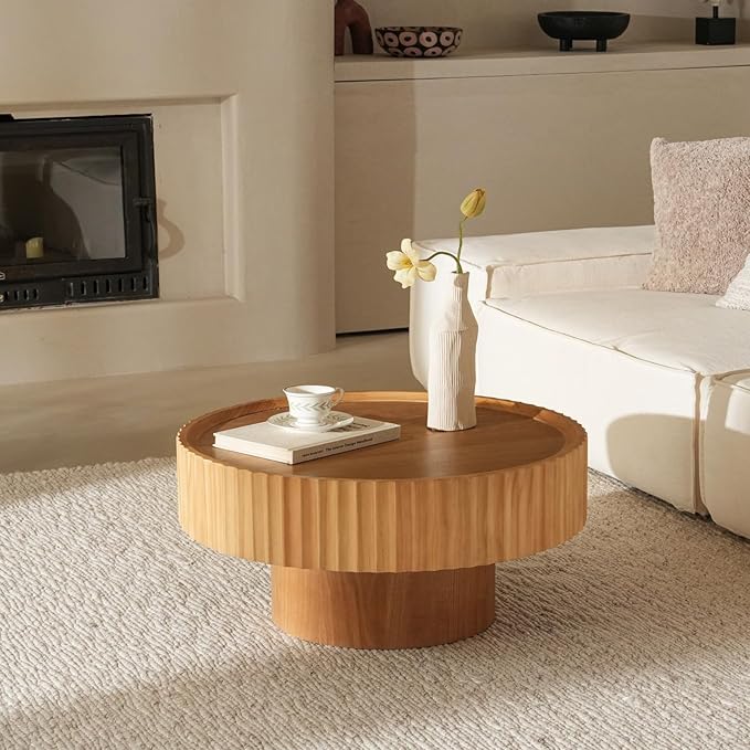 Round Coffee Table with Storage, 30.3” Fluted Drum Modern Living Room Table, Circle Wood Center Tables, Accent Mushroom Shape Coffee Tables for Living Room, Apartment(30.3''L×13.7''H)