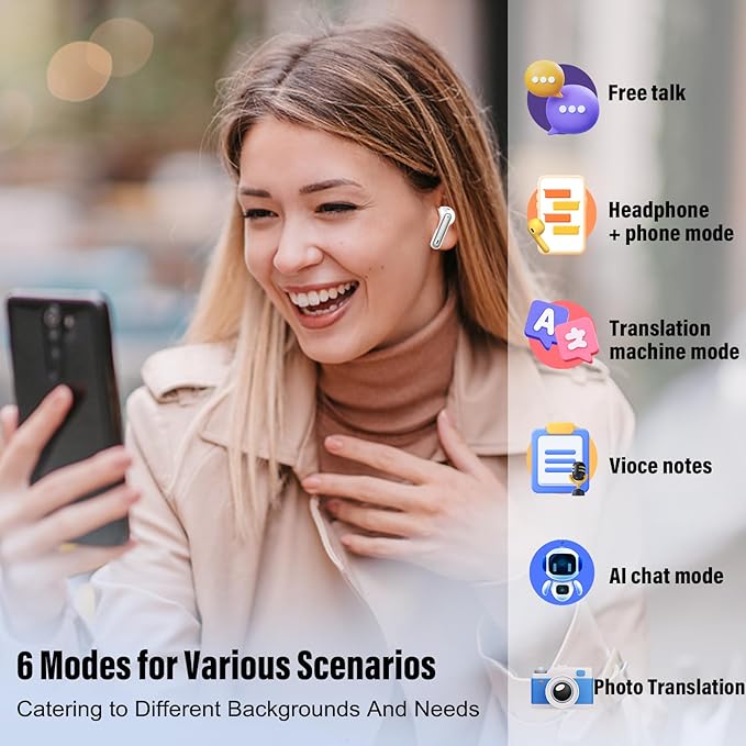 Ai Translation Earbuds Real Time, Simultaneous Interpretation Translator Earbuds with 6 Translation Modes/164 Languages, No Subscription Translatior Headphones, Ivory White