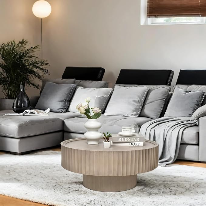 Round Coffee Table with Storage, 30.3” Fluted Drum Modern Living Room Table, Circle Wood Gray Center Tables, Accent Mushroom Shape Coffee Tables for Living Room, Apartment(30.3''L×13.7''H)