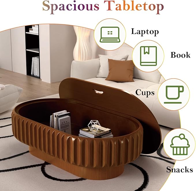43.3" Oval Drum Coffee Table with Storage Retro Rustic Center Table - Solid Wood Handcrafted Relief Veneer for Farmhouse Apartment (D Oval 43.3in)