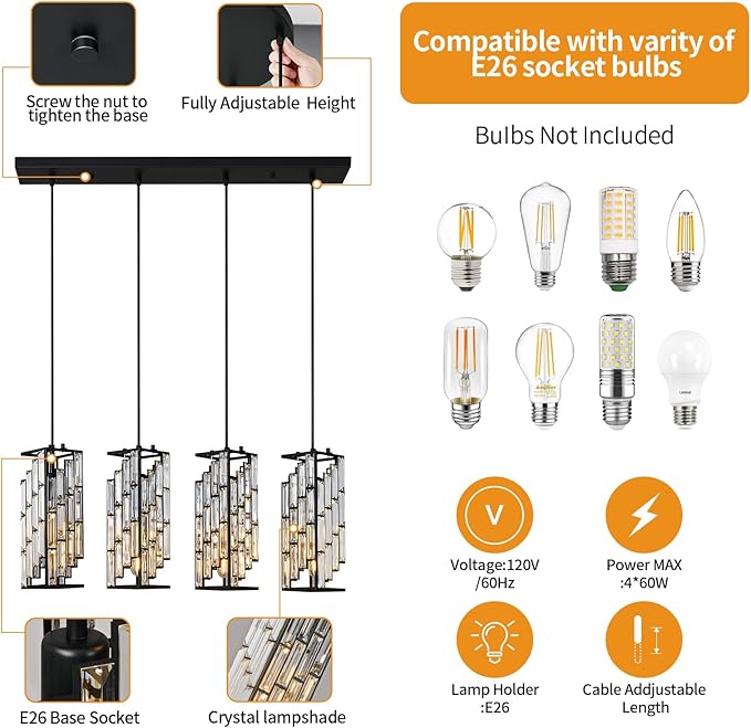 4-Light Adjustable Pendant Light, Modern Mini Crystal Chandelier with Black Metal Frame, Kitchen Island Lighting for Dining Room, Bedroom, Easy Installation